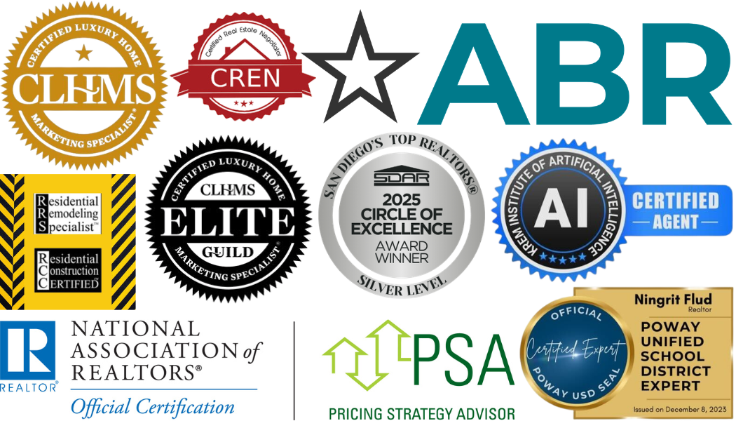 Ningrit Flud certifications: CLHMS, CREN, ABR, CLHMS GUILD Elite, SDAR 2025 Circle of Excellence, AI Certified Agent, RRS, RCC, NAR, PSA, Poway USD Expert